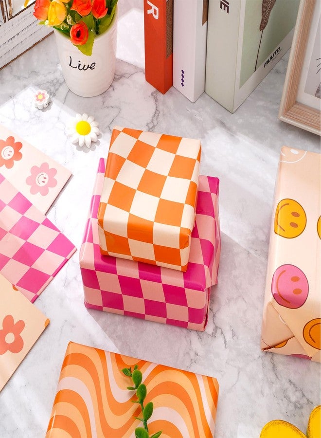 Whaline 12Pcs Retro Groovy Wrapping Paper Boho Daisy Face Checkered Gift Wrap Bulk Art Paper Folded Flat for Baby Shower Birthday Wedding DIY Crafts Gift Packing, 19.7 x 27.6 Inch - Image 5